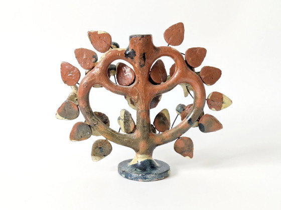 Image 1 of Vintage Mexican Tree of Life Ceramic Candleholder, 1970s Folk Art Candelabra with Birds & Flowers