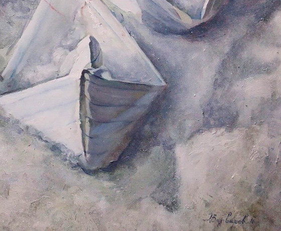 Origineel olieverfschilderij, hedendaagse kunst, symboliek, sneeuw, lente in aantocht. (photo 6 of 7)