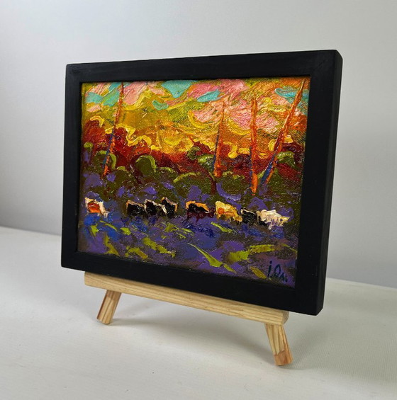 Image 1 of Original Oil Painting Sunset Nature Landscape Evening sky bathes the Earth
