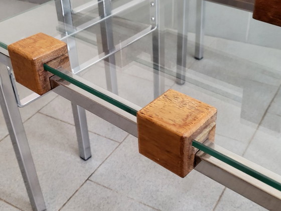 Image 1 of SET DI 3 TAVOLINI IMPILABILI SCANDINAVI VINTAGE ANNI '60 IN TEAK, ACCIAIO E VETRO ANNI '60