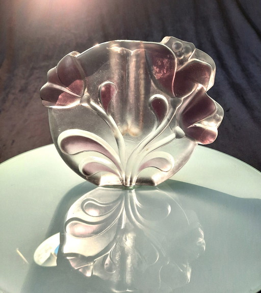 Vintage 1970 Kristallvase Solifleur Walther Glas Transparent Mit Rosa Blumen