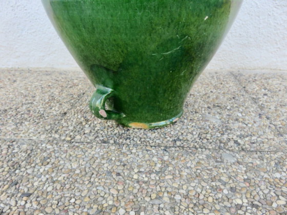 Image 1 of Ancienne jarre à huile en terre cuite vernissée vert, sud de la France, fin XIXème