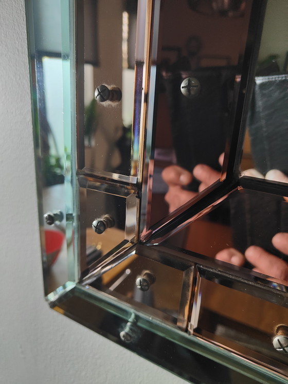 Image 1 of Grote Italiaanse Hollywood Regency Wandspiegel – 110x75 cm – Getint Glas – Eiken Kader – Jaren 70