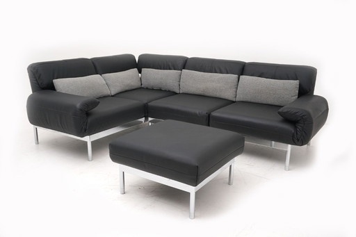 Sofá esquinero Rolf Benz Plura 380, sofá, taburete, cuero, negro