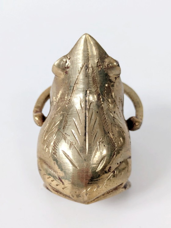 Image 1 of Midentury Vintage Brass Frog Figurine Trinket, Sculptural Quirky with Ruby Red Crystal Eyes