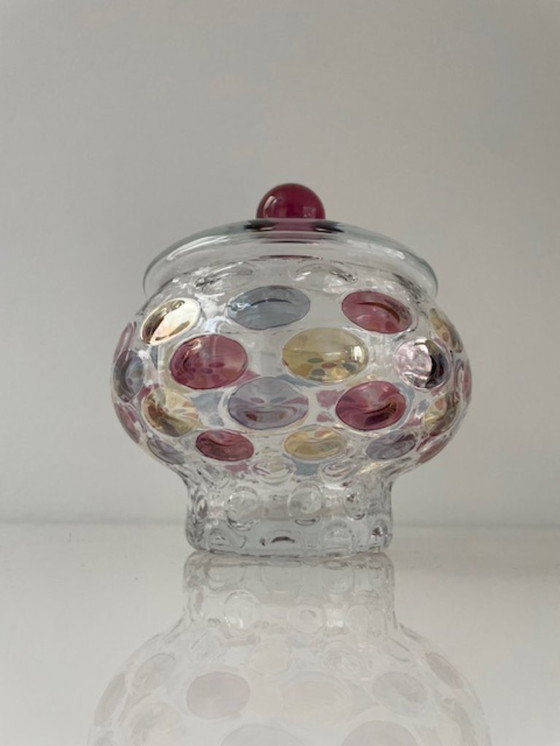 Image 1 of Decorative glass jar with colorful polka dots design