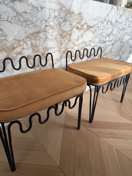 Two stools with black metal frame and ochre velvet seat, Design (photo 2 of 6)
