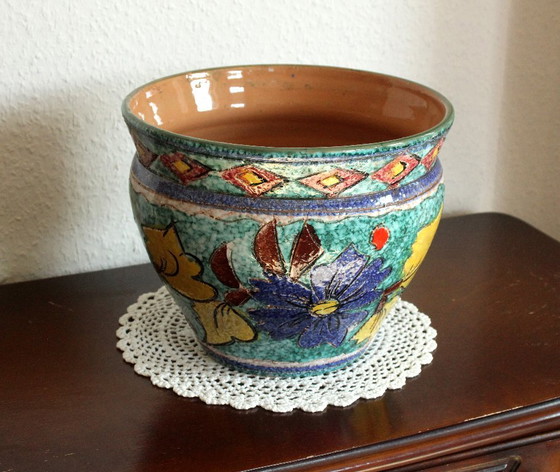 XL Handmade Ceramic Plant pot hand-painted, made in Italy, marked, Multi Color, Vintage (photo 11 of 11)