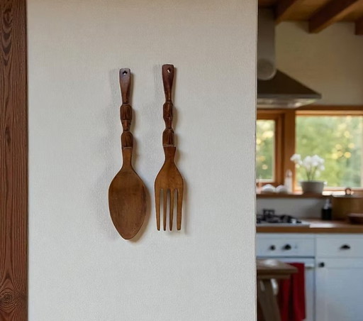 Large vintage wooden wall cutlery set – 51 cm