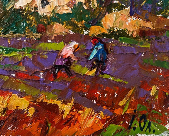 Image 1 of Original Oil Painting Sunset Village Landscape Spring evening in the light of the sky