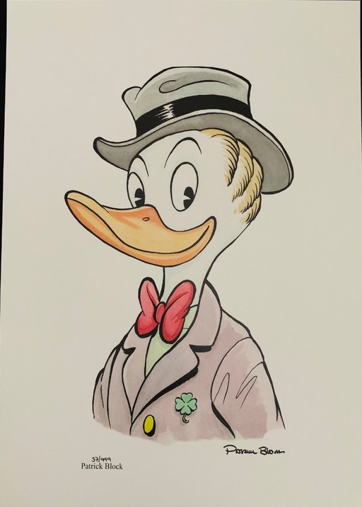Hand-signed and numbered by Patrick Block: "Gladstone Gander in his most favorite Suit." Limited to one edition of 99
