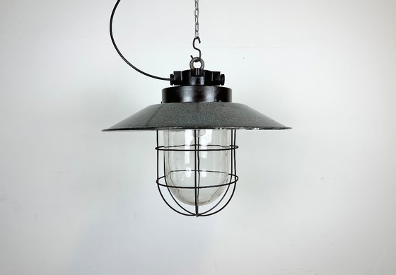 Image 1 of Industrial Grey Enamel Factory Hanging Cage Lamp, 1960s