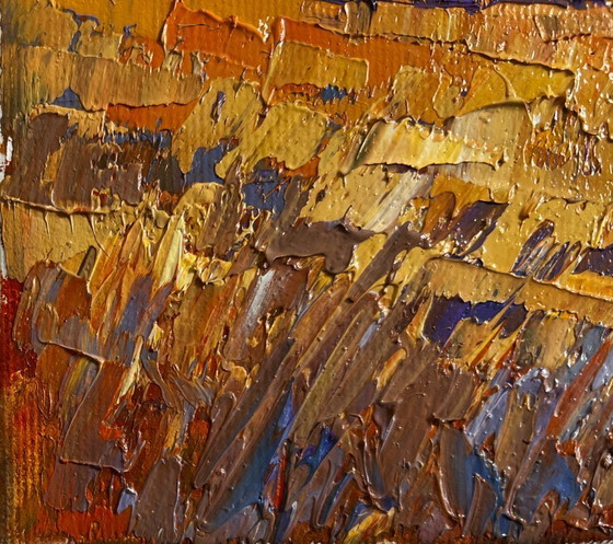 Image 1 of Original Oil Painting Evening Field Landscape On the autumn steppes