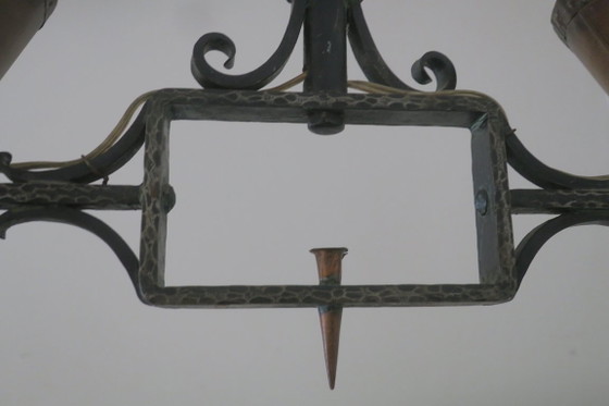 Image 1 of Brutalistischer, zweiarmiger Kronleuchter aus Schmiedeeisen und Kupfer, 1960er Jahre