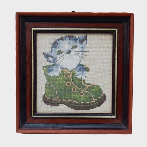 Vintage framed cross-stitch tapestry