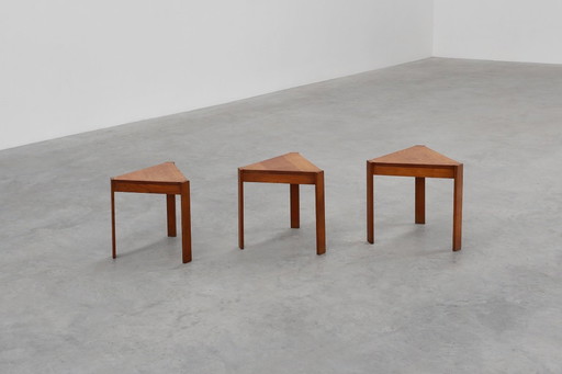 Set of 3 oak wooden triangular stacking or modular tables, France ca. 1960