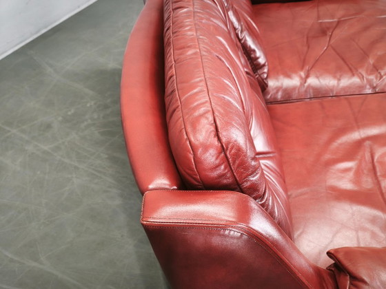 1970s Danish Modern Red Leather Two-Seater Sofa, Scandinavian Design, 2 seaters, Vintage (photo 10 of 15)