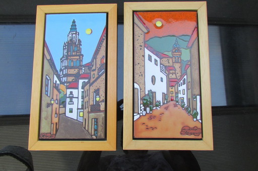 Ingelijst, geglazuurd aardewerk, set van twee, Spaanse kunstenaar