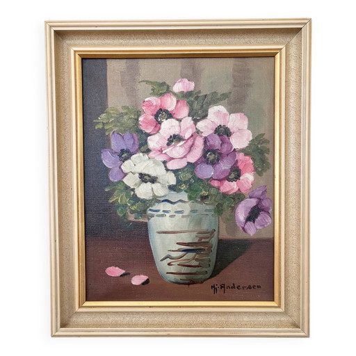 Peinture à l'huile originale vintage de fleurs, signée nature morte florale