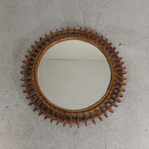 Ronde Vintage Spiegel Met Bamboe Rand in de Stijl van Franco Albini