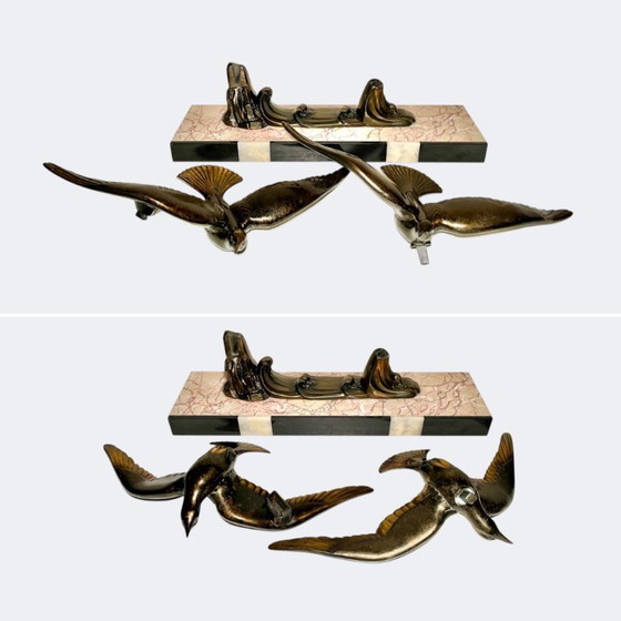 Image 1 of Art Deco Flight of Seagulls Spelter Statue - French Flying Sea Birds Patinated Cast Metal Figures on Marble Base 
