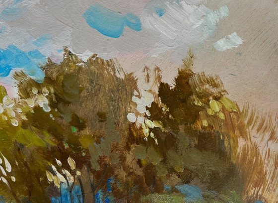 Image 1 of Original Oil Painting Autumn Field Landscape The Road to the Golden Fields