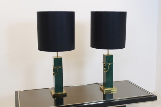 Coppia di Lampade da tavolo Mid Century Moderne in ottone e verde, Dorato (foto 6 di 8)