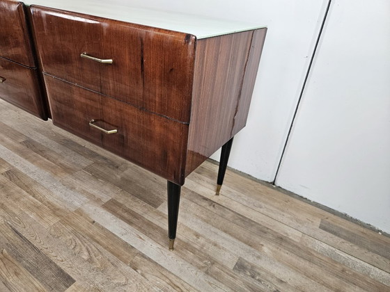 Image 1 of Vintage six-drawer mahogany burl dresser with glass top, 1960