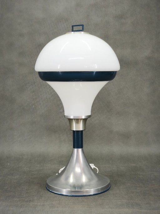 1970s Italian Space Age Opaline Glass and Blue Metal Table Lamp