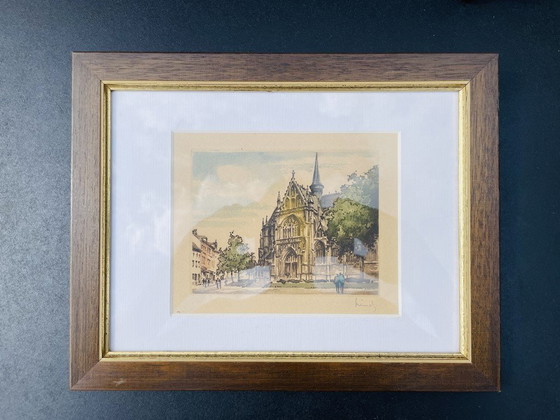 Image 1 of Aquarel van Hervé Lemiez, " Kerk van de Grote Zavel ". XXe eeuw