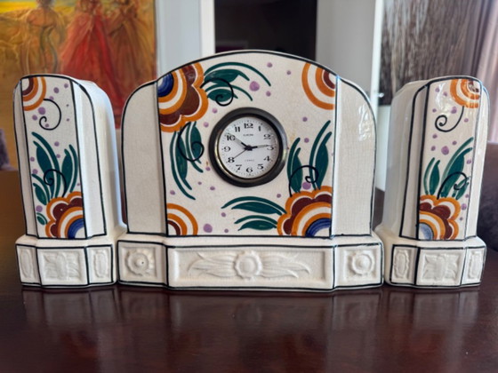 Garniture de cheminée Art Déco en faïence, Terra Belgique, années 1930, Terra Jemappes, Pendules, Céramique (photo 5 sur 5)