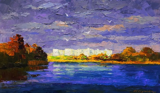 Origineel olieverfschilderij: Stadsgezicht in de herfst, nieuwe gebouwen aan de overkant van de rivier.