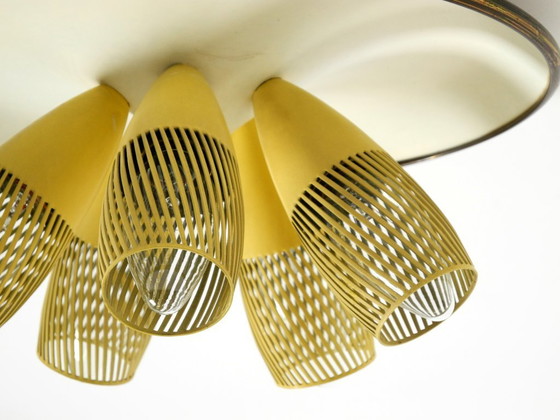 Image 1 of Very rare 5-arm mid-century modern metal bag ceiling lamp with round white reflector