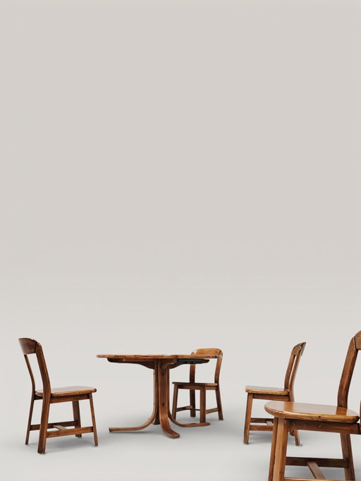 Juego de Comedor Vintage de Pino - Mesa Redonda con 4 Sillas a Juego