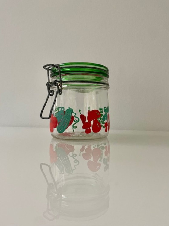 Image 1 of Bocal à conserve vintage en verre Carlton avec motif de légumes rétro