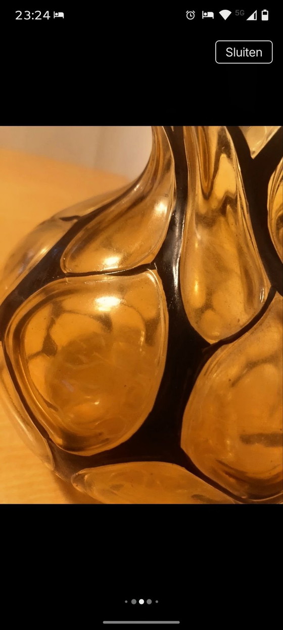Beautiful Hand-Blown Studio Art Glass Vase, Amber & Black Web Pattern (photo 4 of 5)