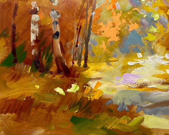 Image 1 of Origineel olieverfschilderij: Herfstboslandschap, herfstberkenbos