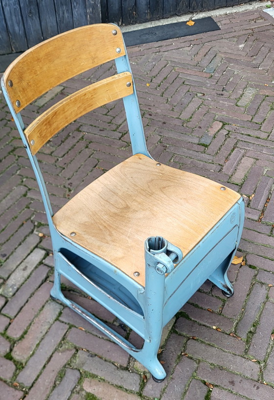 Banchetto scolastico anni '50/'60 modello "Envoy" American Seating Company, Scrivanie, Metallo, Legno, Blu (foto 13 di 14)