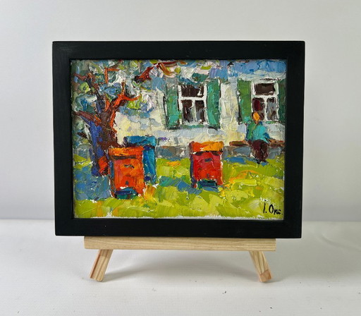 Original Oil Painting Spring House Landscape Backyard moments