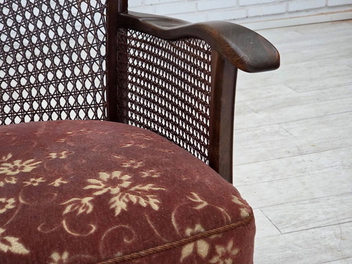 Sofá danés de 3 plazas, década de 1950, terciopelo rosa salmón, malla para muebles, madera de haya oscura.