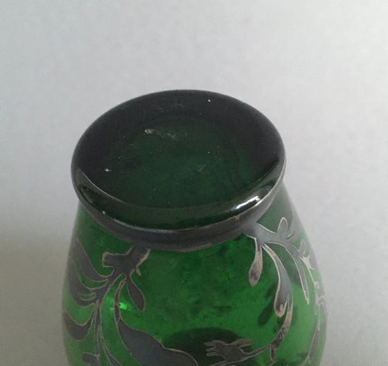 Image 1 of Antique green glass vase with silver print