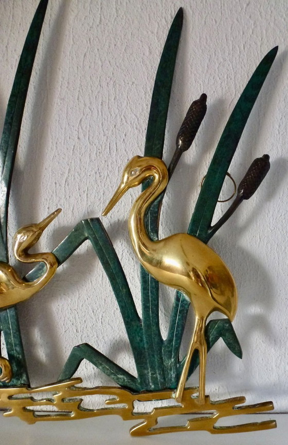Image 1 of Decorazione murale vintage in ottone con due gru tra le canne.