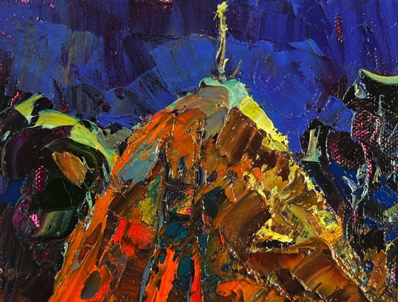 Image 1 of Original Oil Painting Night Village Landscape Stars twinkle in a calm sky