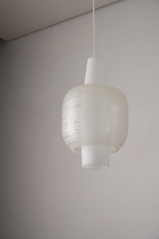 Lampada a Sospensione in Vetro Ghiaccio con Diffusore in Opalina, Plafoniere, Cromo, Bianco (foto 4 di 9)