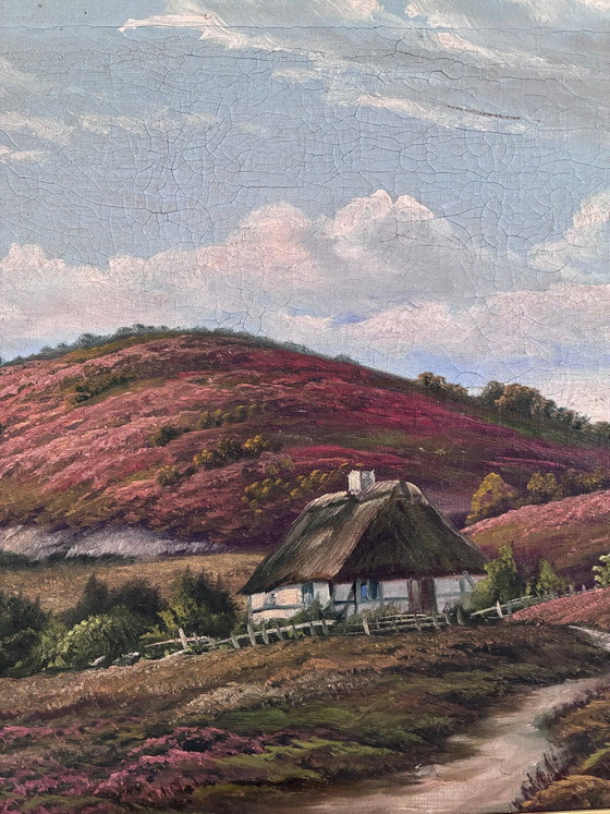 Image 1 of Peinture à l'huile originale ancienne représentant un paysage de campagne, signée.