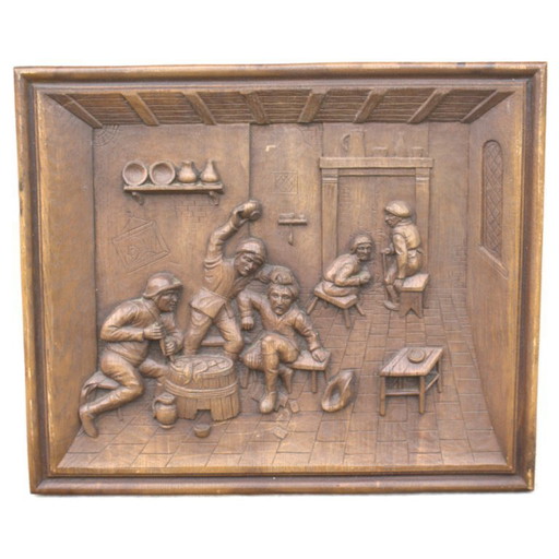 Faux Wood Carved Wall Panel 18 x 15 inch drunk men in an old pub 45,5 x 38 cm Vintage Home Decor wall art architectural salvage