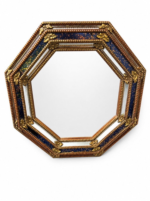 1960s Spanish Octagonal Mirror – Solid Wood & Cobalt Blue Glass (Hollywood Regency)
