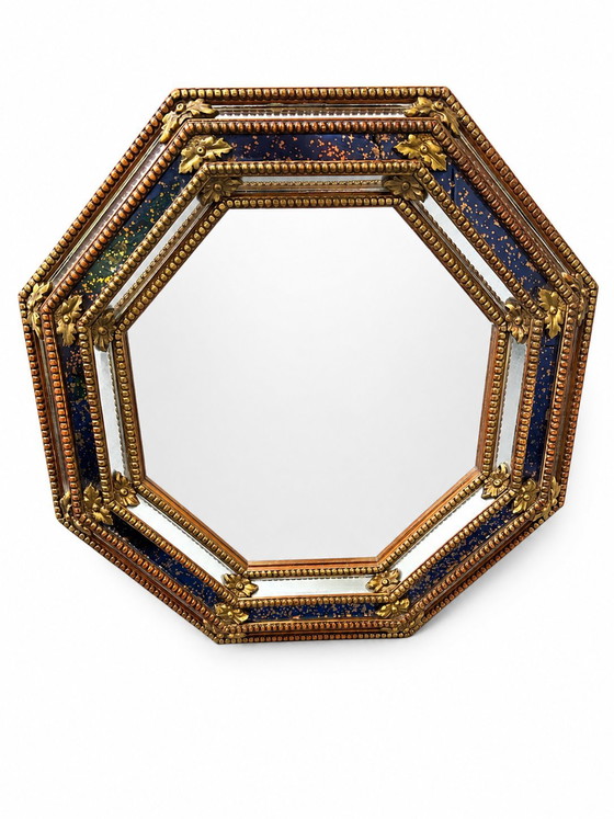 Image 1 of 1960s Spanish Octagonal Mirror – Solid Wood & Cobalt Blue Glass (Hollywood Regency)