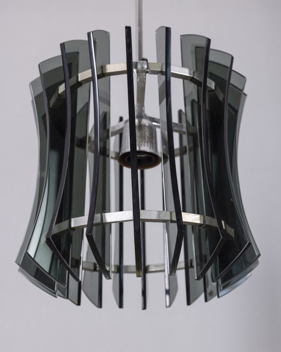 Image 1 of Vintage 1960s metal and smoked glass chandelier, designed by Veca