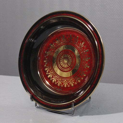 Libero Cellarosi grand plat décoratif céramique réhaussée or Italie 1970s